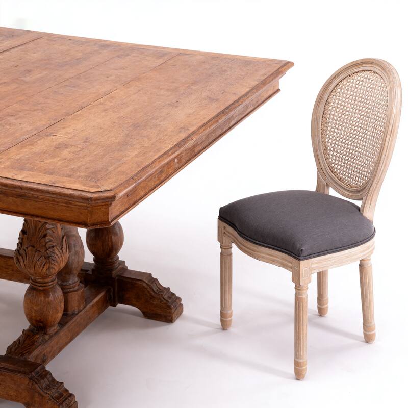 Dining Chairs Set of 2, Rattan Upholstered Vintage Farmhouse Fabric Chair, with Round Backrest and Solid Wood Legs