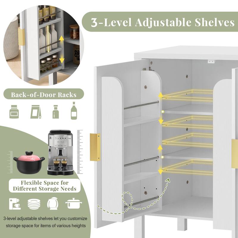 Storage Cabinet with 4 Stripe Door and Side Hooks, Buffet Cabinet Adjustable Shelves & Aluminum Handles for Living Room