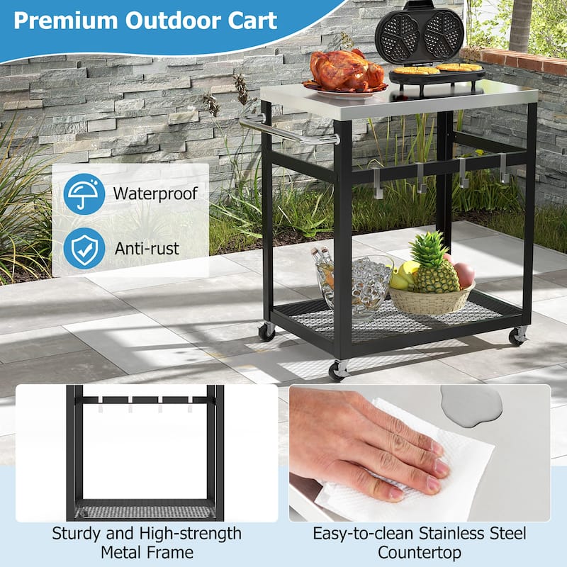 Gymax 2-tier Stainless Steel Grill Cart w/ Wheels & Handle 4 Hooks
