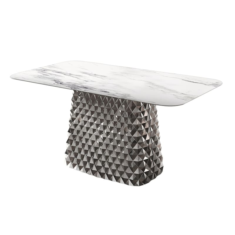 Modern Rectangle Stone Stainless Steel Hydrographic Mirror Pedestal Dining Table