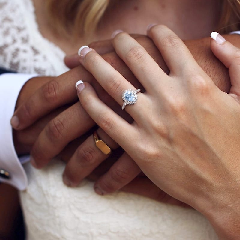 Miadora 14k White Gold Oval-cut Aquamarine White Topaz and Diamond Accent Halo Engagement Ring