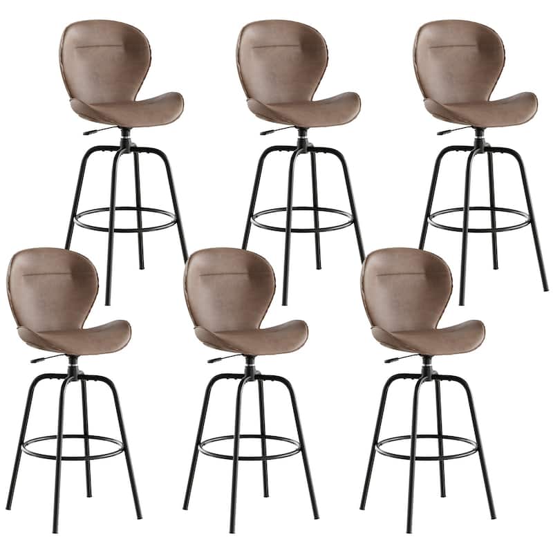 Javlergo 2/4/6 Pack Bar Stools Brown Mid Century Modern PU Leather 360° Swivel & Ring Footrest Kitchen Island Barstools - Set of 6