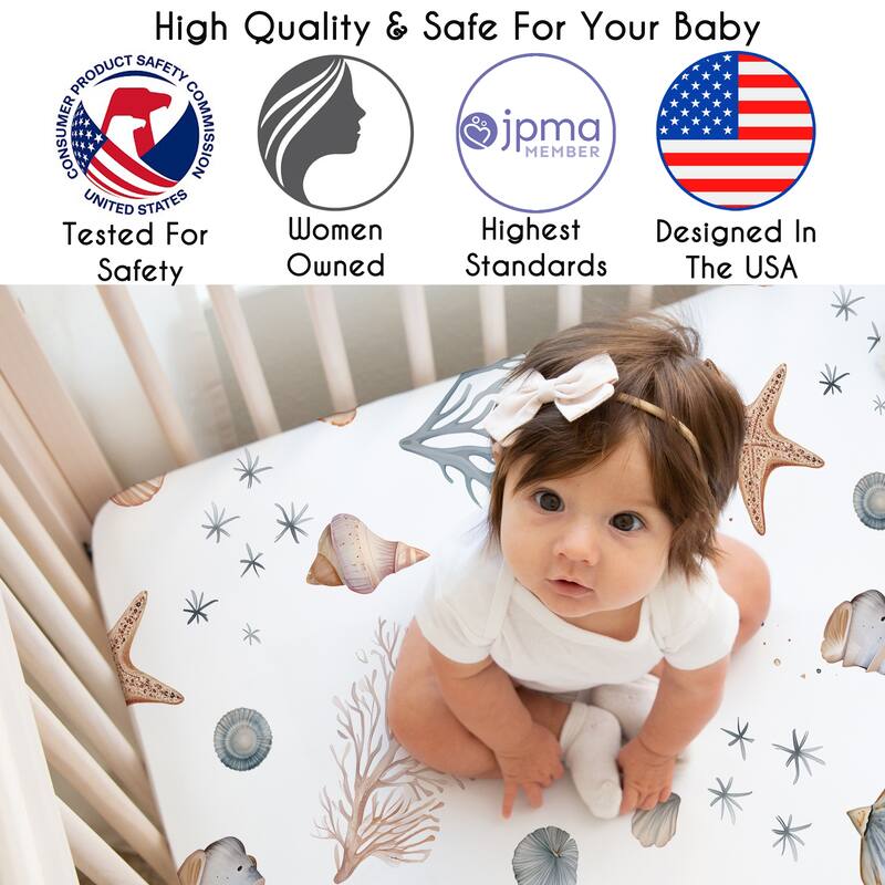 Sweet Jojo Designs Ocean Seashells Boy, Girl, Unisex/Gender Neutral 3 Pack Fitted Crib Sheets - Nautical and Solid Blue & Orange