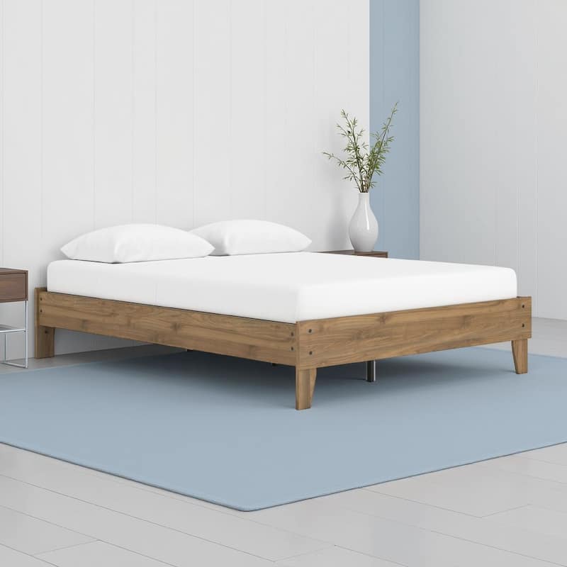 Deana Queen Platform Bed, Honey Brown Wood, Low Profile Tapered Legs