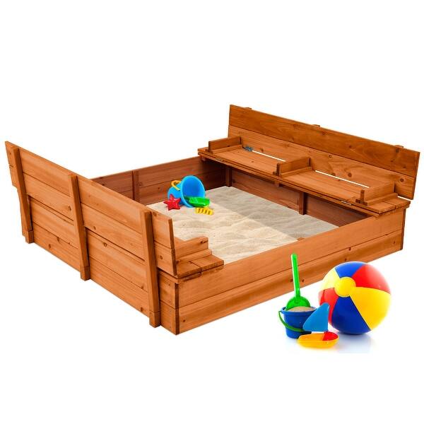 slide 2 of 7, Kids' Outdoor Wooden Sandbox Large, Cedar Wood with Foldable Bench Seats and Sand Protection, Bottom Liner Included Brown