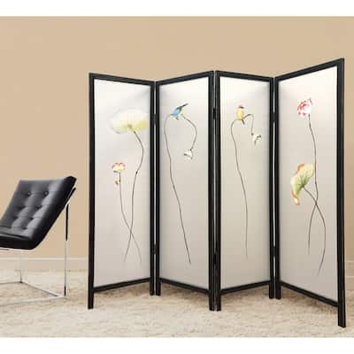 HomeRoots 63" Black and White Fabric Folding Four Panel Screen Room Divider - 78' X '63' X '1