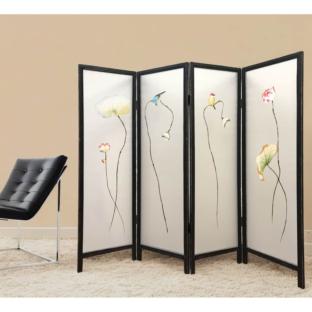 HomeRoots 63" Black and White Fabric Folding Four Panel Screen Room Divider - 78' X '63' X '1