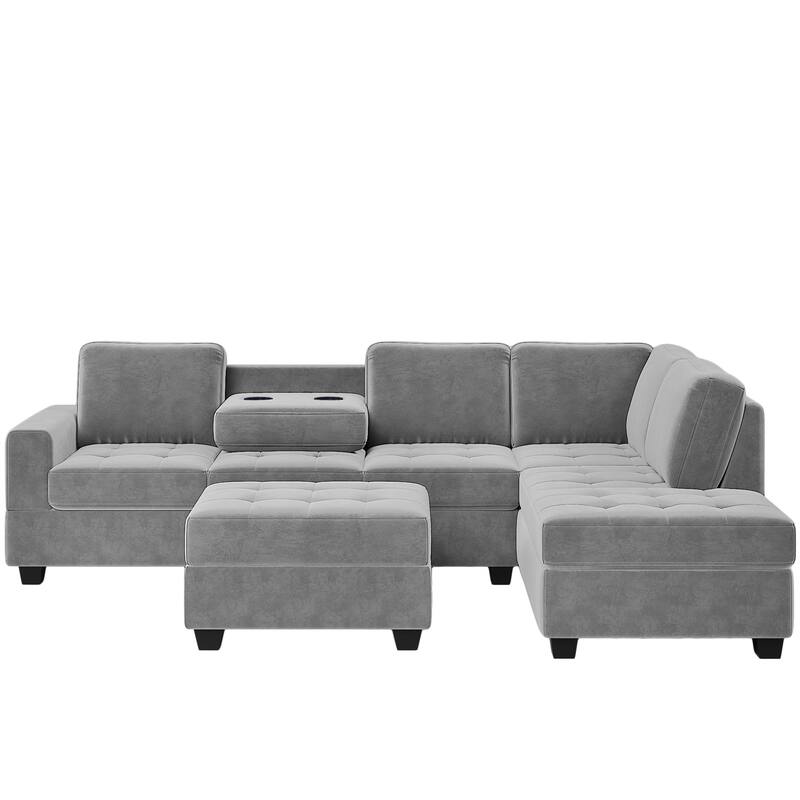 Modern Sectional Sofa with Reversible Chaise, L Shaped Couch Set with Storage Ottoman and Two Cup Holders