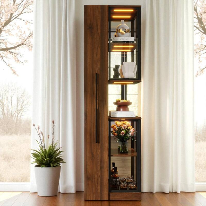 70" Modern Display Cabinet with Glass Doors, LED Lights, and Pull-Out Multi-Tier Storage Shelves - Walnut