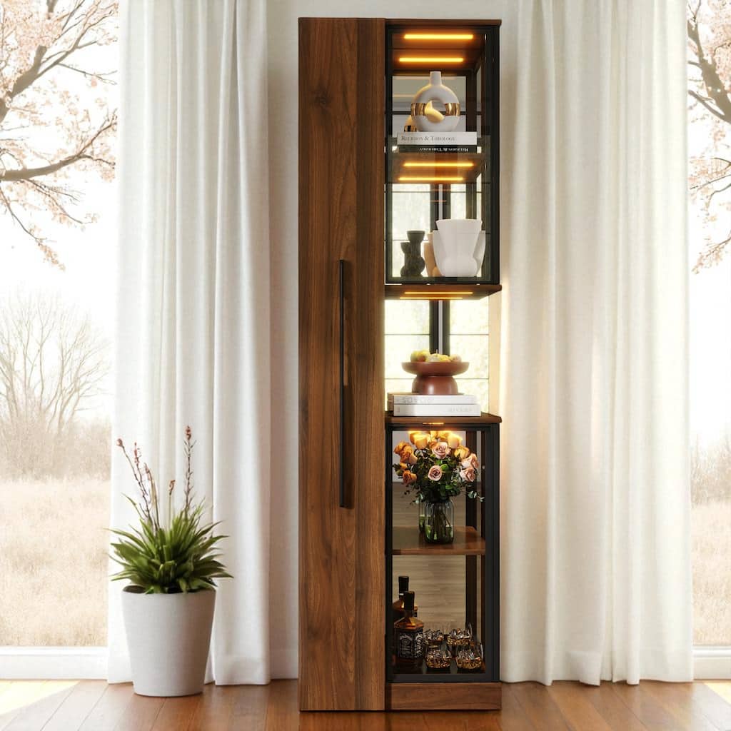 70" Modern Display Cabinet with Glass Doors, LED Lights, and Pull-Out Multi-Tier Storage Shelves