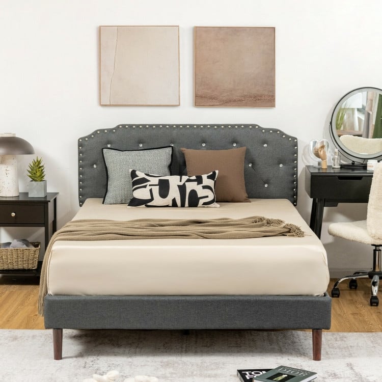 Upholstered Bed Frame with Adjustable Diamond Button Headboard