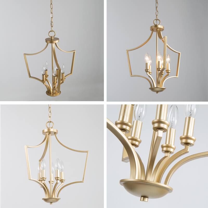 Mid-Century Modern 5-Light Gold Lantern Candle Chandelier for Dining Room - L19"xW19"xH24"