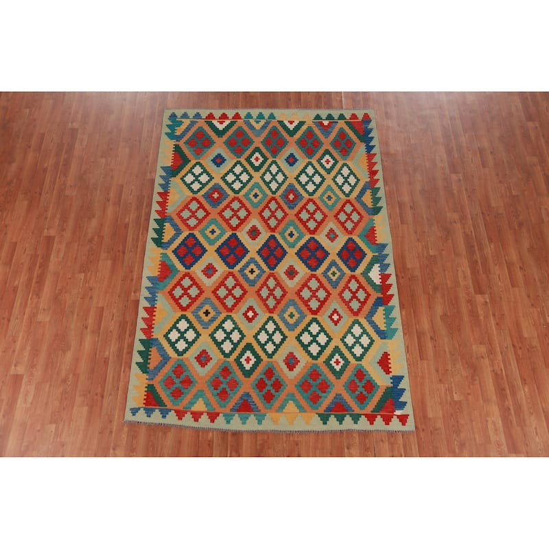 Hand Woven Oriental 100% Wool Carpet Southwestern Geometric Multi-Colored Kilim Area Rug - 8' 3'' X 5' 7''
