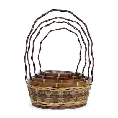 Set Of 4 Ginger Color With Rope Accents Long Handled Baskets