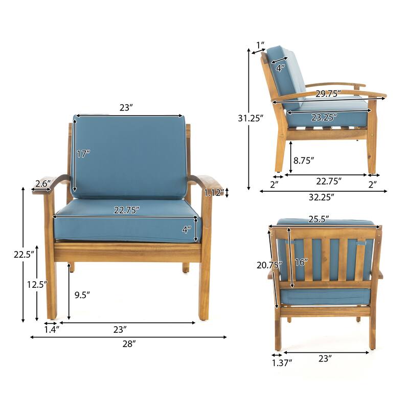 Solid Acacia Wood Club Chair Sets for 2, with Water Resistant Cushion
