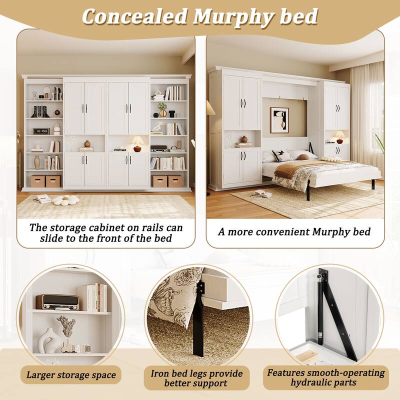 Murphy Bed Heavy Duty Cabinet Bed with Storage Shelves Queen Size