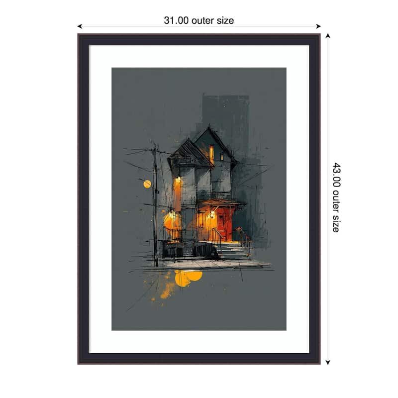 Asian Storefront Orange Lanterns Rainy Night Architecture by Tradelink inhouse artist Wood Framed Wall Art Print