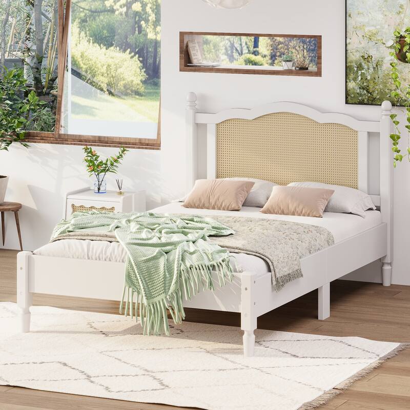 Wooden Platform Bed with Arc Rattan Headboard Bed Frame, Pine Wood Panel Bed, Solid Wood Legs for Bedroom
