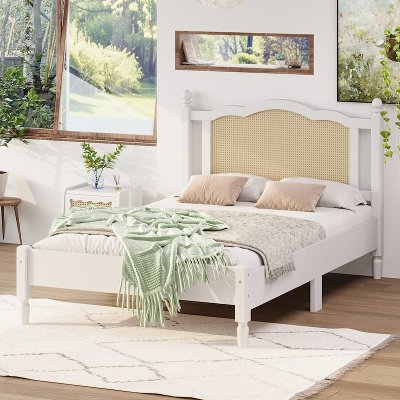 Wooden Platform Bed with Natural Rattan Headboard, Wingback Bed Frame with Wooden Slat Support, No Box Spring Needed
