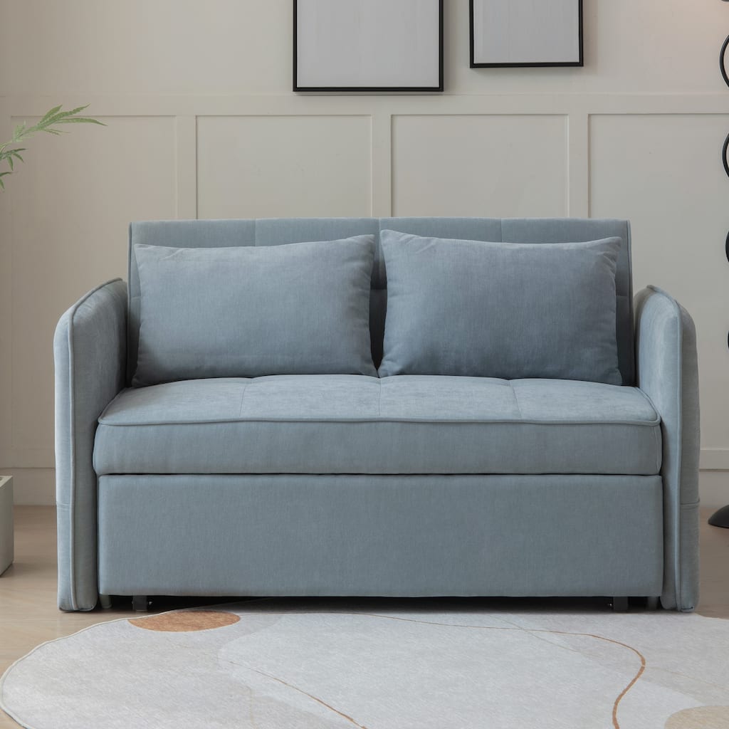 Sofa Bed With Headboard, Pull Out Sofa Bed, Modern Fabric Love Seat Couch With 2 Pillows & 2 Adjustable Armrests