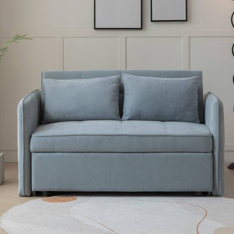 Sofa Bed With Headboard, Pull Out Sofa Bed, Modern Fabric Love Seat Couch With 2 Pillows & 2 Adjustable Armrests