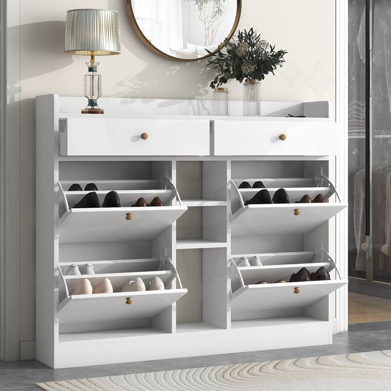 Multifunctional 2-Tier Shoe Storage Organizer with Drawers - White