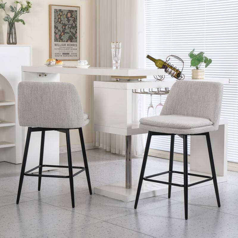 Swivel Bar Stools Set of 2 26 Inch Upholstered Linen Back Metal Legs