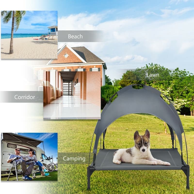 Portable Elevated Outdoor Pet Bed with Removable Canopy Shade - 35.5" x 32" x 34" (L x W x H)