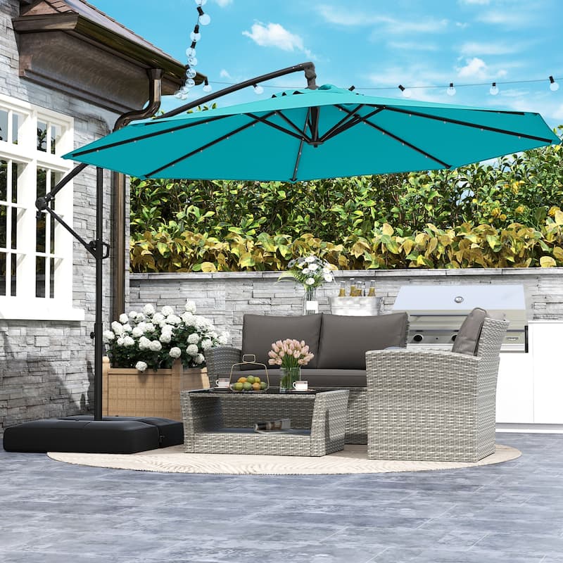 Large 10 Feet Patio Offset Umbrella with Stable Crossed Base and Solar LED Lights for Outdoor