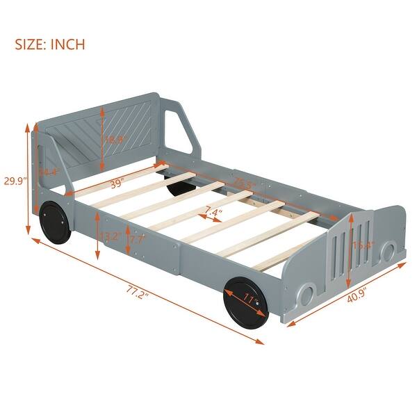 dimension image slide 2 of 3, Twin Size Car Platform Bed with Headboard, Safety Rails, and Wheel Legs - Unique Design