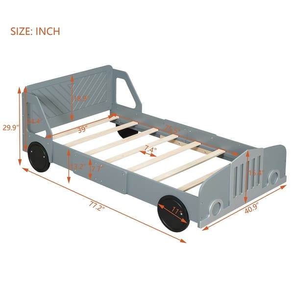 dimension image slide 2 of 3, White Car Platform Bed with Safety Rails & Wheels - Fun for Kids