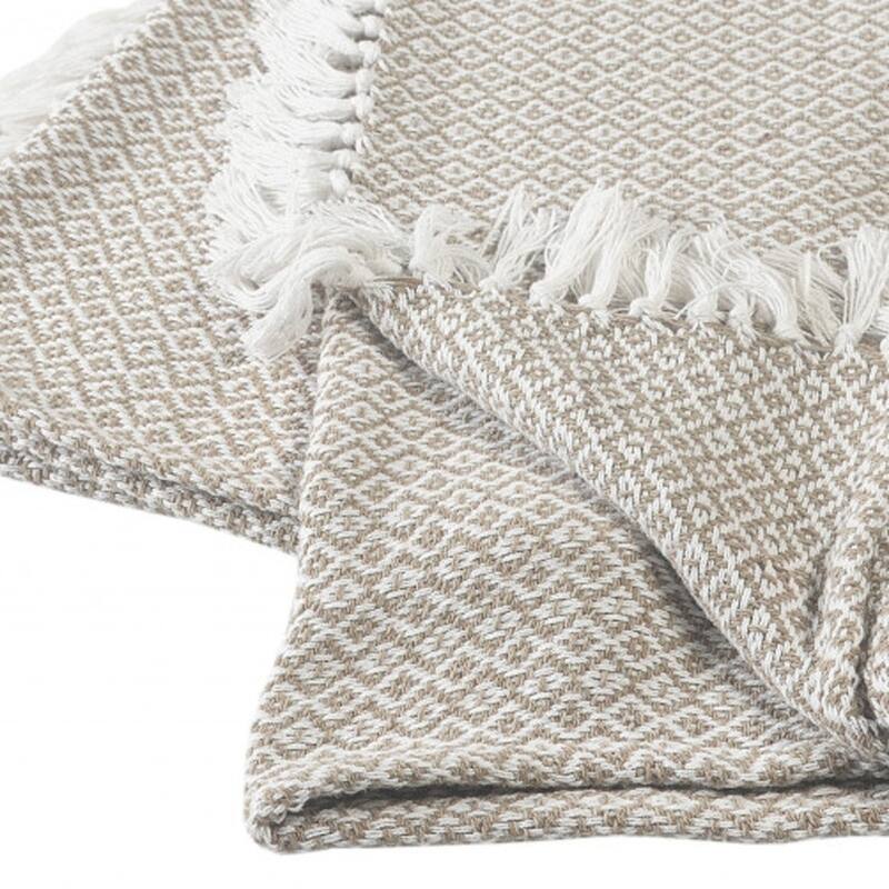 HomeRoots 50" X 60" Tan Woven Cotton Geometric Throw Blanket with Fringe