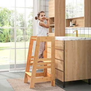 Bamboo Toddlers Kitchen Step Stool with Height Adjustable Platform - 21"L x 19.5"W x 36"H