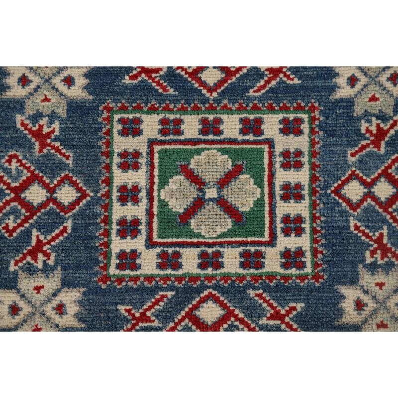 Red Geometric Kazak Runner Rug Handmade Wool Carpet - 4'0" x 13'5"