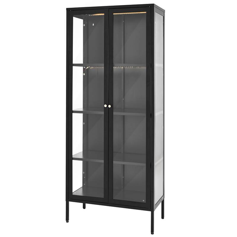 4-Tier Curio Cabinet with Tempered Glass Doors and Adjustable LED Lights and Sturdy Steel Frame - 27.99” × 14” × 66”