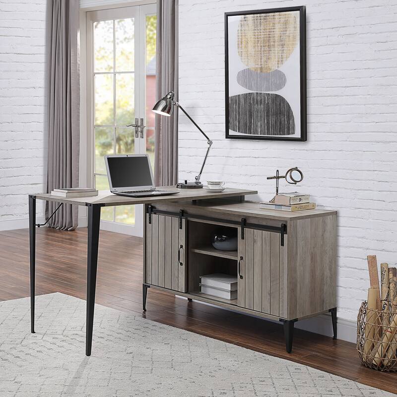 Spacious L-Shaped Desk with Barn Door Storage, USB Ports, and Contemporary Black Metal Frame for Versatile Workspaces - Grey+Black