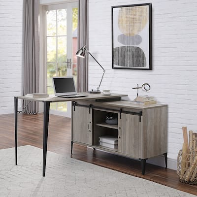 Spacious L-Shaped Desk with Barn Door Storage, USB Ports, and Contemporary Black Metal Frame for Versatile Workspaces