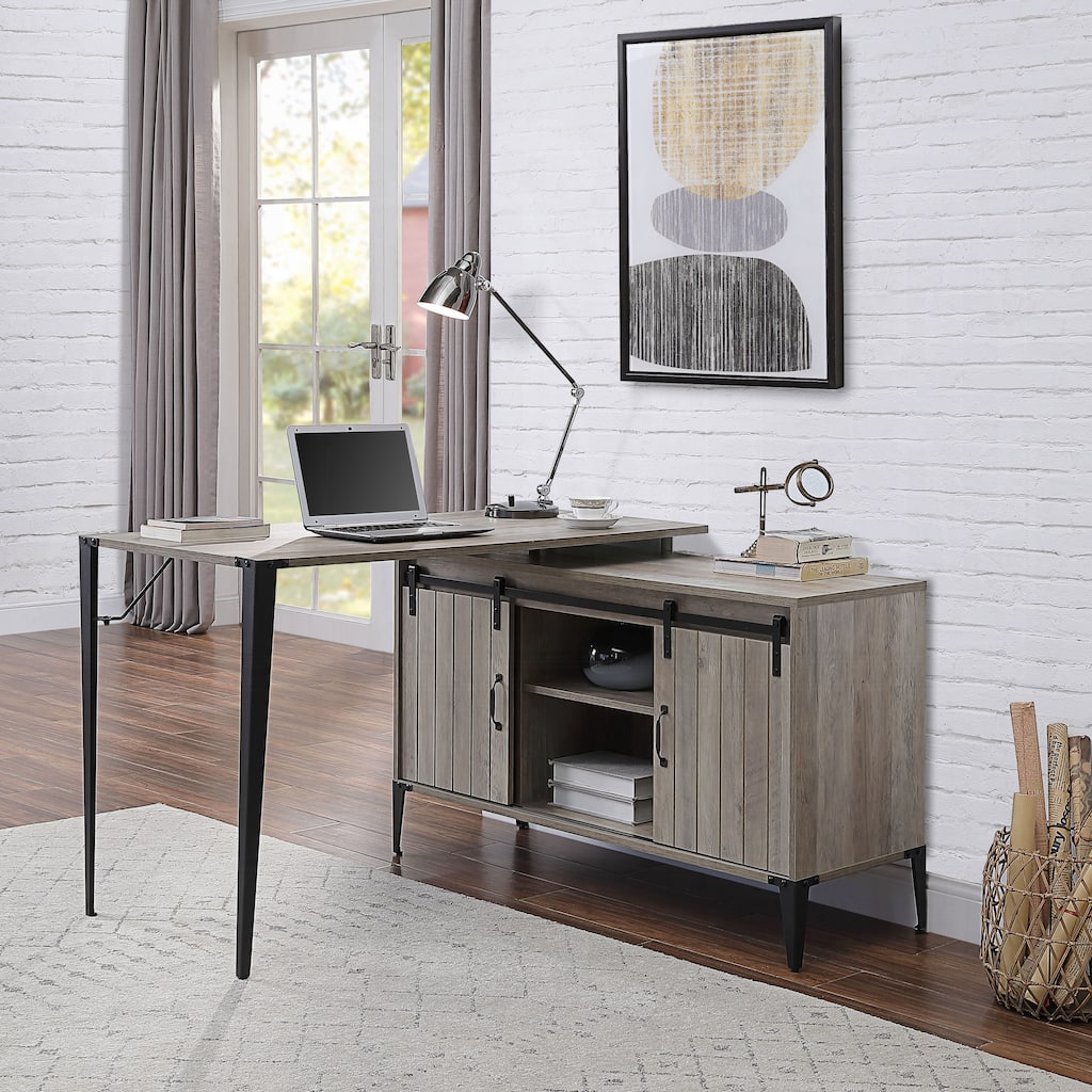 Spacious L-Shaped Desk with Barn Door Storage, USB Ports, and Contemporary Black Metal Frame for Versatile Workspaces