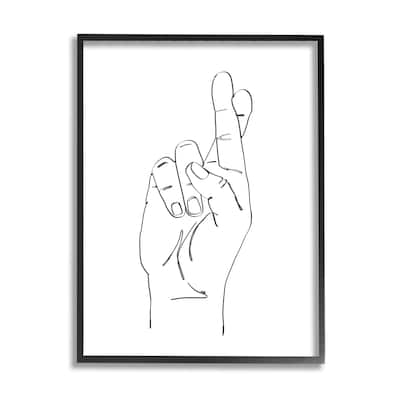 Stupell Hand with Fingers Crossed Minimal Line Drawing Framed Wall Art - Black