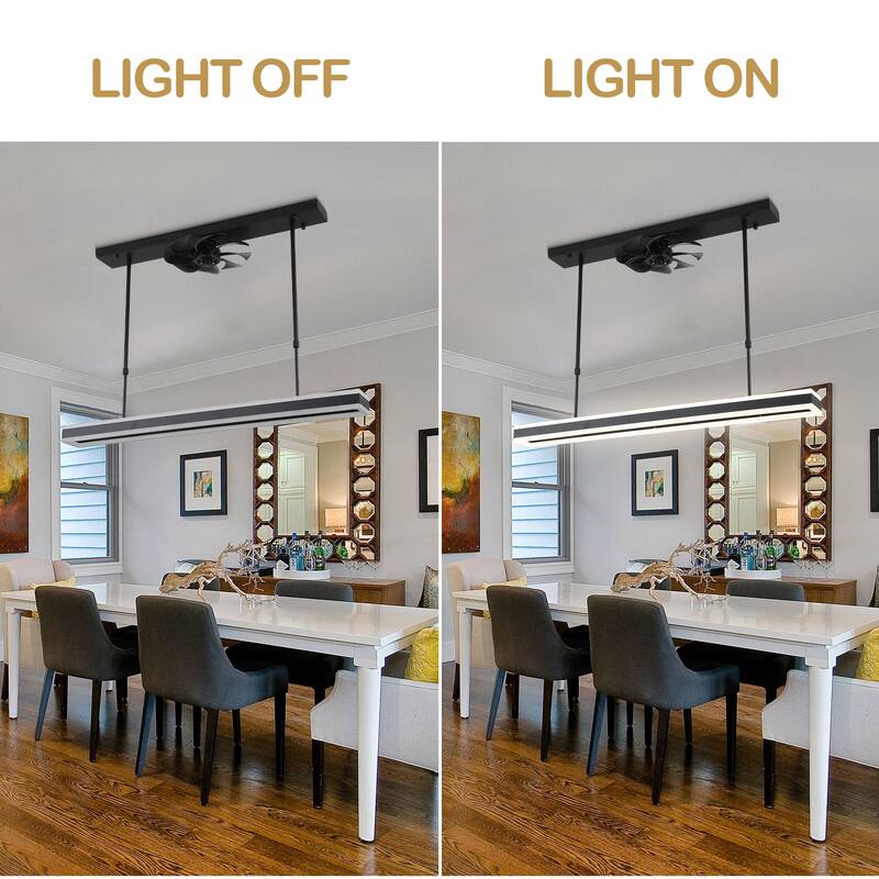 Cusp Barn 40 Inch Modern Ceiling Fan with LED Light, Black Pendant Lighting, Linear Hanging Lamp Chandelier for Dining Room