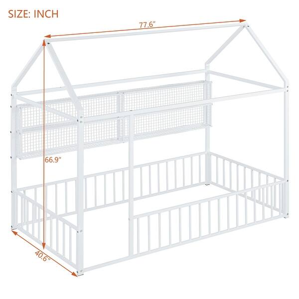 dimension image slide 1 of 4, Metal Bed House Bed Frame with Fence and Shelves