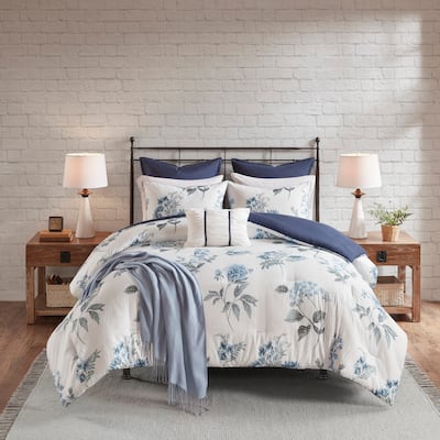 Madison Park Monah Blue 7 Piece Printed Seersucker Comforter Set with Throw Blanket