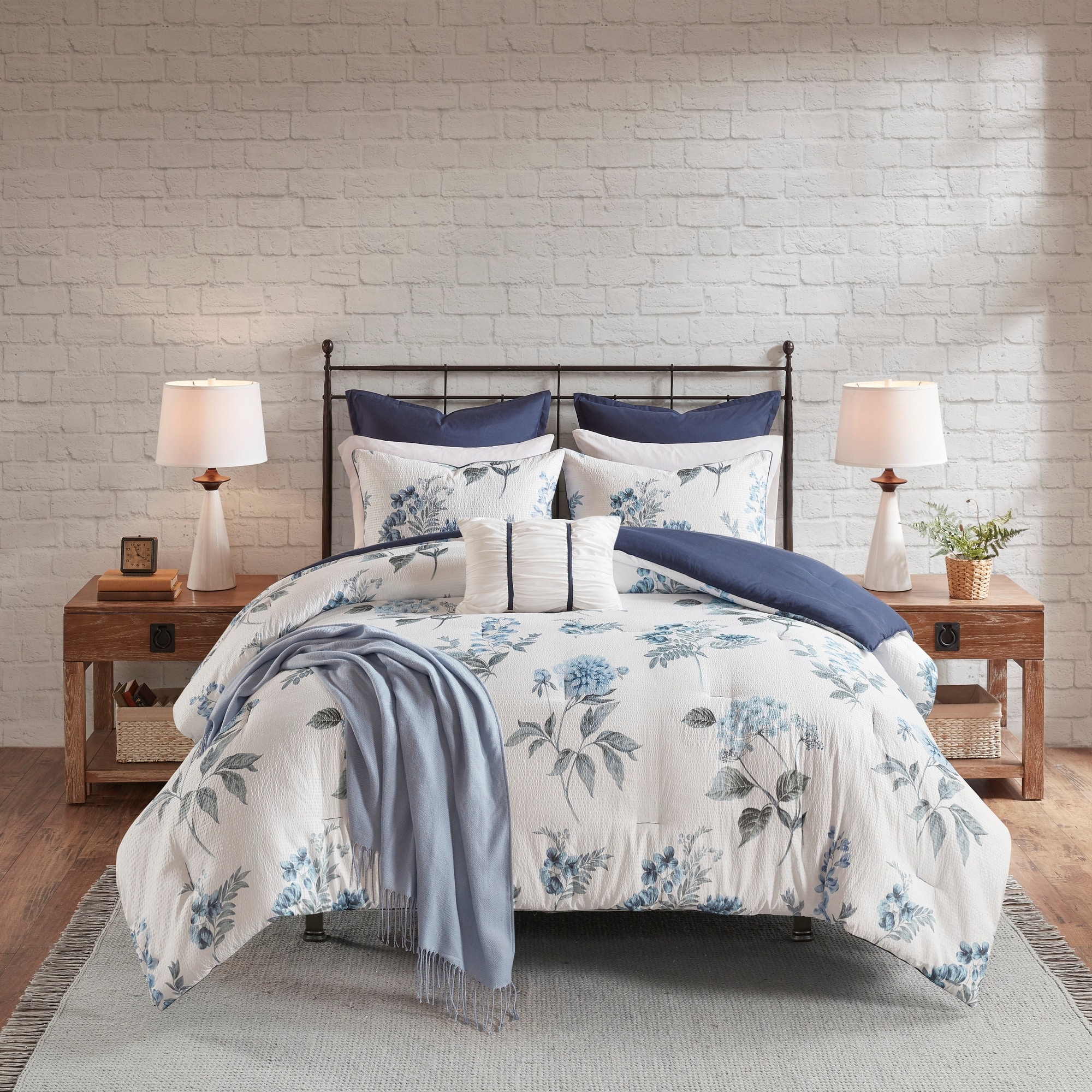 Madison Park Zennia Blue 7 Piece Printed Seersucker Comforter Set with Throw Blanket