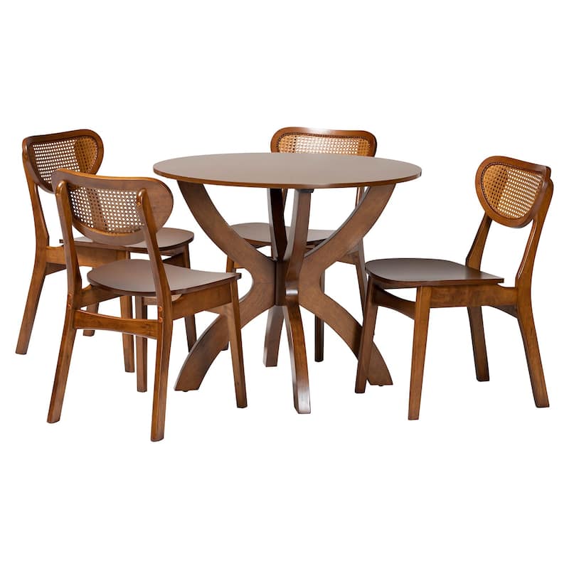 Kenna 5-Piece Dining Set - Mid-Century Modern Round Table and Chair Set for Dining Room, Kitchen, Apartment - Brown/Walnut Brown