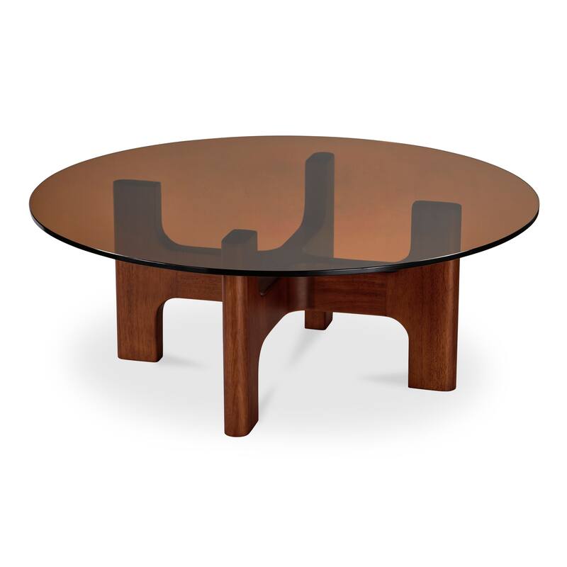 NADAAL STUDIOS Thea Coffee Table, Oval Amber Tempered Glass Top, Rubber Wood Legs, Amber