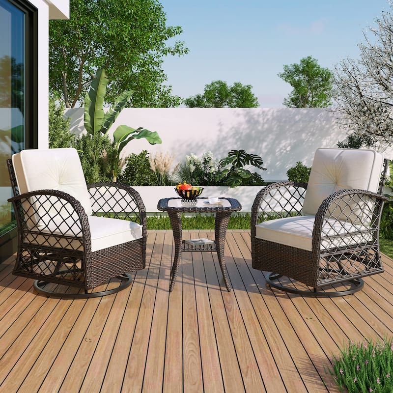 3-Piece Outdoor Chair Table Set Chat with Square Table & 2 Swiveling Chairs Set 2-person Rattan Seating Group for Garden Brown - Brown