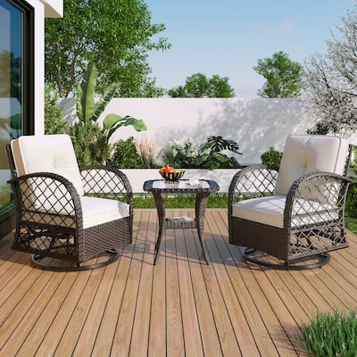 3-piece Outdoor Chair&Table Set Chat Set 2-person Rattan Seating Group with Two Swivel Chairs and a Square Table for Gar