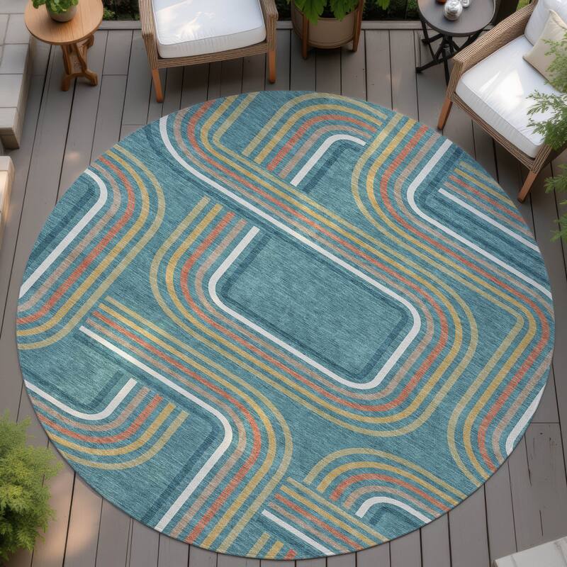 Machine Washable Indoor/ Outdoor Modern Leawood Chantille Rug - Teal - 8' x 8'