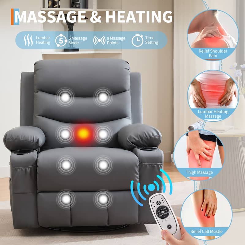 Swivel Rocker Recliner Chair with Massage and Heat, Oversized Reclining Sofa