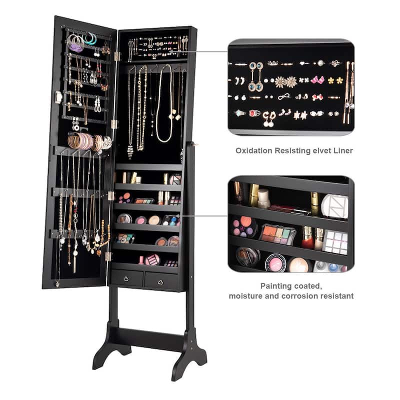 Costway Mirrored Jewelry Cabinet Storage Organizer Box Drawers Black